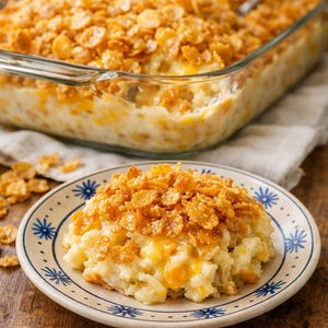 May include: A serving of creamy casserole with a crispy, golden topping on a plate with a blue floral design. A larger casserole dish with the same dish is in the background, on a wooden surface.
