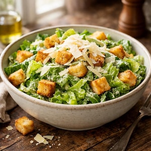 Puede incluir: Una ensalada César en un cuenco de color claro, llena de lechuga romana, picatostes y queso parmesano rallado. La ensalada está aderezada con una salsa cremosa. El cuenco está sobre una superficie de madera, con un tenedor.