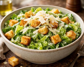Receta clásica de ensalada César / Aderezo casero, crutones (PDF imprimible)