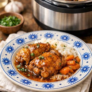 May include: A plate of cooked chicken thighs with rice and carrots, garnished with parsley. The plate has a blue and white floral design. A pressure cooker is in the background, along with a bowl of chopped parsley and garlic.
