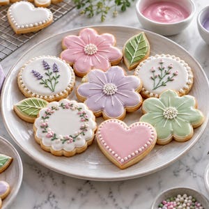 Op de afbeelding: Een verzameling koekjes versierd met glazuur in bloem- en hartvormen. De koekjes hebben pastelkleuren zoals roze, lavendel en saliegroen met gedetailleerde afwerkingen, waaronder kleine witte parelaccenten en verfijnde bloemmotieven.