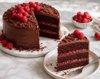 Receta de pastel de chocolate y frambuesa / Postre exquisito para cumpleaños y celebraciones con relleno de frutos rojos (PDF imprimible)