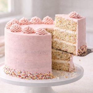 Puede incluir: Un pastel redondo de varias capas con glaseado rosa claro, decorado con remolinos de crema. El bizcocho tiene motas de colores en su interior con capas de relleno blanco. Una porción es levantada por una pala de metal para servir.