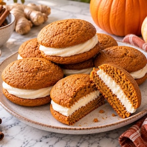 Puede incluir: Un plato de whoopie pies de calabaza redondos que presentan dos galletas de pastel especiadas de color marrón dorado, unidas con una capa gruesa de relleno de crema blanca. Una galleta está partida por la mitad para mostrar el interior.