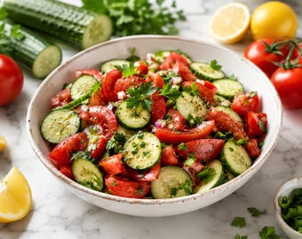 Recept pdf-komkommer-tomatensalade, eenvoudig fris zomerbijgerecht (digitale download)