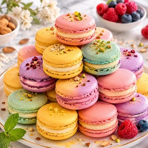 Può includere: Un piatto di colorati macarons in varie tonalità pastello, tra cui rosa, giallo, viola e verde. Ogni macaron è guarnito con noci o zuccherini. Sono presenti anche frutti di bosco freschi e mandorle, suggerendo un tema dessert.