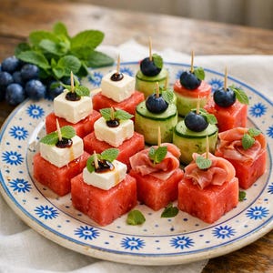 Puede incluir: Un plato de coloridos aperitivos con cubos de sandía cubiertos con queso feta, prosciutto y rodajas de pepino con arándanos. Adornado con hojas de menta y servido en un plato decorativo.