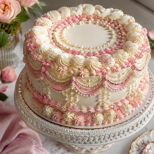 Puede incluir: Un pastel redondo decorado con crema de mantequilla blanca y rosa, con bordes intrincadamente decorados, festones delicados y rosetas. El pastel se asienta sobre un soporte de pedestal blanco, mostrando un detallado trabajo de manga.
