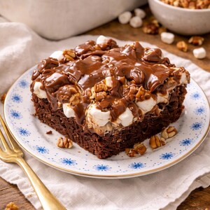 May include: A square slice of chocolate dessert on a white plate with a blue floral design. The dessert is topped with marshmallows, nuts, and a rich chocolate sauce. A gold fork rests on the left.