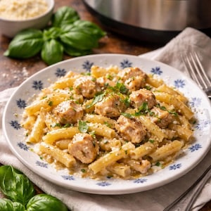 May include: A plate of pasta with sausage and herbs. The penne pasta is coated in a creamy sauce and topped with pieces of sausage and fresh parsley. The plate has a blue floral design.