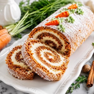 Puede incluir: Un brazo de gitano de pastel de zanahoria con relleno de crema blanca, espolvoreado con azúcar glas y decorado con pequeñas zanahorias de glaseado naranja y hojas verdes, servido en una bandeja rectangular blanca con zanahorias y canela.
