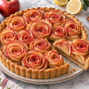 Puede incluir: Una tarta de manzana redonda con una corteza dorada y estriada, cubierta con finas rodajas de manzana de bordes rojos dispuestas en forma de rosa. Una porción es levantada por un servidor dorado, revelando un relleno marrón claro en el plato.