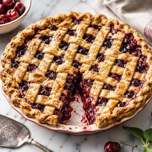 Puede incluir: Una tarta de cerezas horneada con una corteza dorada en forma de rejilla, que muestra un relleno de fruta de color rojo oscuro. La tarta se sirve en un plato redondo con una porción faltante, junto a una pala para servir y cerezas frescas.