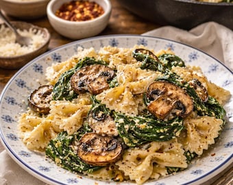 Recept Parmezaanse kaas spinazie-champignonpasta (pdf) | Romig eenpans vegetarisch diner