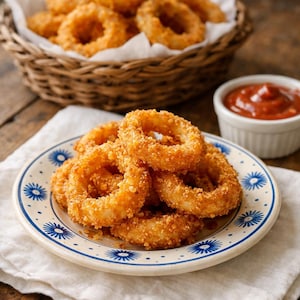 May include: A stack of golden-brown breaded onion rings served on a white ceramic plate with a blue floral pattern. A small white bowl contains red dipping sauce, and a woven basket filled with additional onion rings sits in the background.