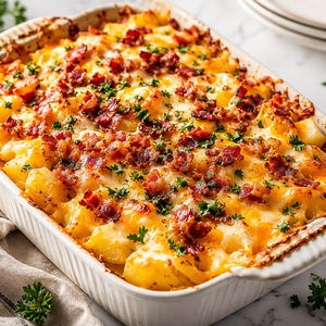 Op de afbeelding: Een rechthoekige witte ovenschaal van keramiek gevuld met een aardappelovenschotel, belegd met gesmolten gele cheddarkaas, knapperige bruine spekjes en een lichte bestrooiing van verse groene peterselie over het hele gerecht.