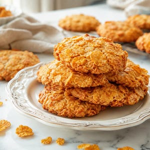 May include: A stack of golden-brown cornflake biscuits on a white decorative plate. The biscuits have a textured, crunchy appearance with visible cornflakes throughout. Additional biscuits are scattered nearby on the surface, and loose cornflakes are visible.