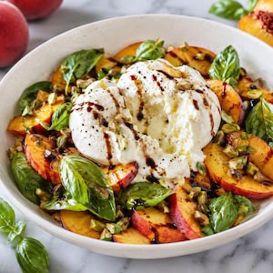 May include: A white bowl containing a salad of sliced orange peaches, fresh green basil leaves, and chopped pistachios, topped with a large ball of white burrata cheese drizzled with a dark balsamic glaze and sprinkled with black pepper.