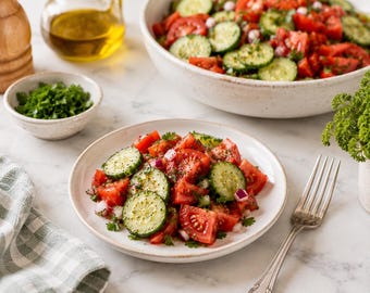 Recept pdf-komkommer-tomatensalade, eenvoudig fris zomerbijgerecht (digitale download)
