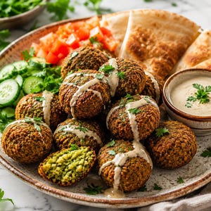 Può includere: Un piatto di polpette di falafel dorate condite con salsa tahini, accompagnate da pomodori freschi a cubetti, cetrioli a fette e pezzi di pane pita triangolari. Il falafel ha un esterno croccante e un interno verde ricco di erbe aromatiche.