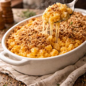 Puede incluir: Primer plano de un plato de macarrones con queso horneados en una fuente ovalada blanca. El plato está cubierto con una corteza dorada de pan rallado. Se levanta una cucharada de pasta con queso, con hilos de queso estirándose.