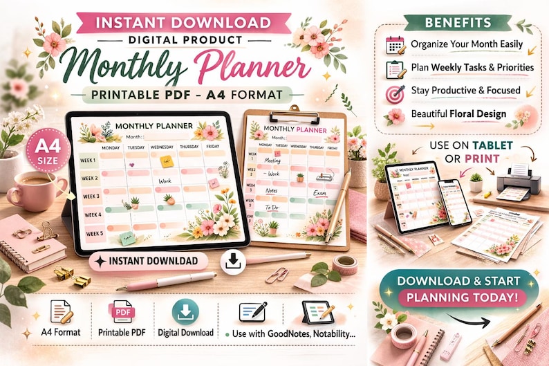 Floral Monthly Planner Printable PDF (A4), Spring Garden Digital ...