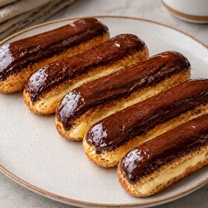 Puede incluir: Un plato con cinco éclairs con un rico glaseado de chocolate negro. Los pasteles tienen un exterior dorado y crujiente y un relleno cremoso de color amarillo pálido. Los éclairs están dispuestos en fila sobre un plato de color claro.