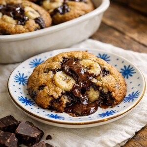 Può includere: Primo piano di un biscotto con gocce di cioccolato con fette di banana e cioccolato fuso su un piatto con un motivo floreale blu. Diversi biscotti sono in una pirofila bianca sullo sfondo. Pezzi di cioccolato fondente sono di lato.
