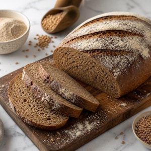 Könnte beinhalten: Ein Laib dunkelbraunes Roggenbrot mit diagonalen Einschnitten auf der Kruste, teilweise in drei Scheiben geschnitten. Das mit Mehl bestäubte Brot liegt auf einem Holzschneidebrett neben einer kleinen Schale mit Mehl und einer Schale mit Getreide.