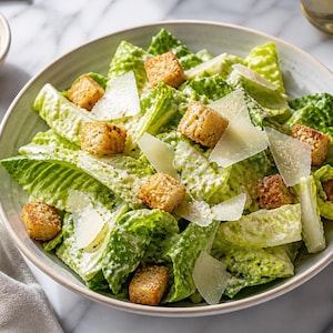 Puede incluir: Una ensalada César en un cuenco verde claro con hojas frescas de lechuga romana verde cubiertas con un aderezo blanco cremoso, rematada con picatostes de pan tostado dorado y finas láminas translúcidas de queso parmesano blanco.