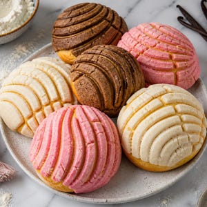 May include: A plate of colorful conchas, a traditional Mexican sweet bread. The conchas feature a variety of colors, including pink, brown, and cream, with a textured, shell-like topping. Vanilla beans and a bowl of flour are also visible.