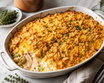 May include: A white oval ceramic baking dish filled with a creamy chicken casserole topped with a golden brown, crispy breadcrumb crust and garnished with small green herbs, featuring a portion scooped out to reveal the interior texture.