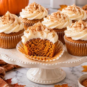 May include: A collection of pumpkin cupcakes with white frosting and a dusting of cinnamon on a white pedestal stand. One cupcake in the center is partially eaten, revealing the orange-colored cake texture inside the paper liner.