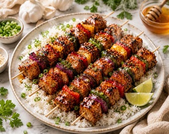 Recept met honing-knoflook kipspiesjes, eenvoudig gegrilde kabobs, zoet hartig diner (afdrukbare pdf)