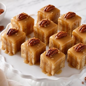 Puede incluir: Una colección de pasteles cuadrados dispuestos sobre un soporte blanco. Cada pastel está cubierto con una nuez pecana y bañado en un espeso glaseado de caramelo marrón claro que gotea por los lados del bizcocho de color claro y textura.