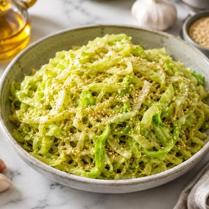 Puede incluir: Un cuenco grande de cerámica moteada lleno de col verde rallada, aliñada con un aderezo ligero y cubierta con una generosa cantidad de semillas de sésamo tostadas. El plato se presenta en un cuenco sencillo y funcional.