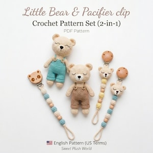 Baby Bear & Pacifier Clip Pattern | 2-in-1 Amigurumi Set | Bear Binky Holder | English PDF Manual
