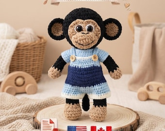 Timmy The Monkey Crochet Pattern PDF In English, Amigurumi Monkey Toy Tutorial, Cute Plush Animal, Instant Download
