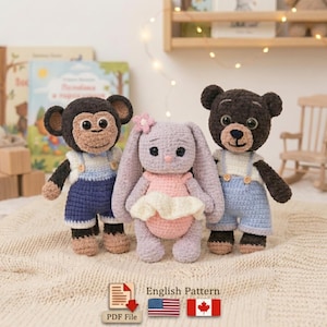 Amigurumi Woodland Animals Crochet Pattern Bundle, PDF Tutorial, Sweet Plush World Collection, Bear Bunny Monkey Pattern Set 3-in-1