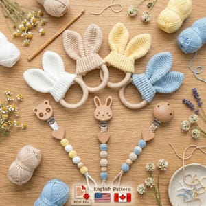 Patroon kreukeloren bijtring en fopspeen | 2-in-1 babyset | Speelgoed konijnenoor DIY | Engelse pdf