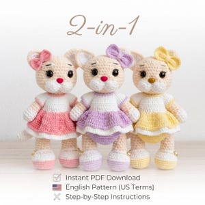 May include: Three crocheted bunny dolls in pink, purple, and yellow dresses, each with a matching bow. The dolls have black eyes, red noses, and white and beige bodies. The image includes the text "2-in-1" and information about the pattern.