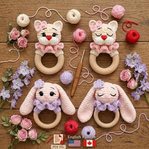 Kitten Rabbit Rattle Set | Ruby Peachy | Wood Ring Teether | Baby Gift | Nursery | DIY | Crochet PDF