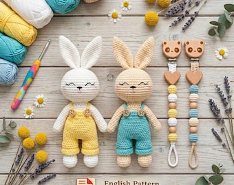 Bunny Crochet Pattern Set, Amigurumi Bunny Toy PDF, Pacifier Clip Pattern, Baby Gift Crochet, Plush Bunny PDF, 2 in 1 Pattern