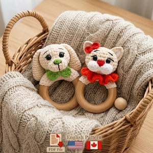 Hochet pour chiot Ruby & Toby Cat | Patron au crochet PDF | Lot Amigurumi | Ensemble 2 en 1 | Jouet anneau en bois | Cadeau bricolage pour bébé | Téléchargement numérique