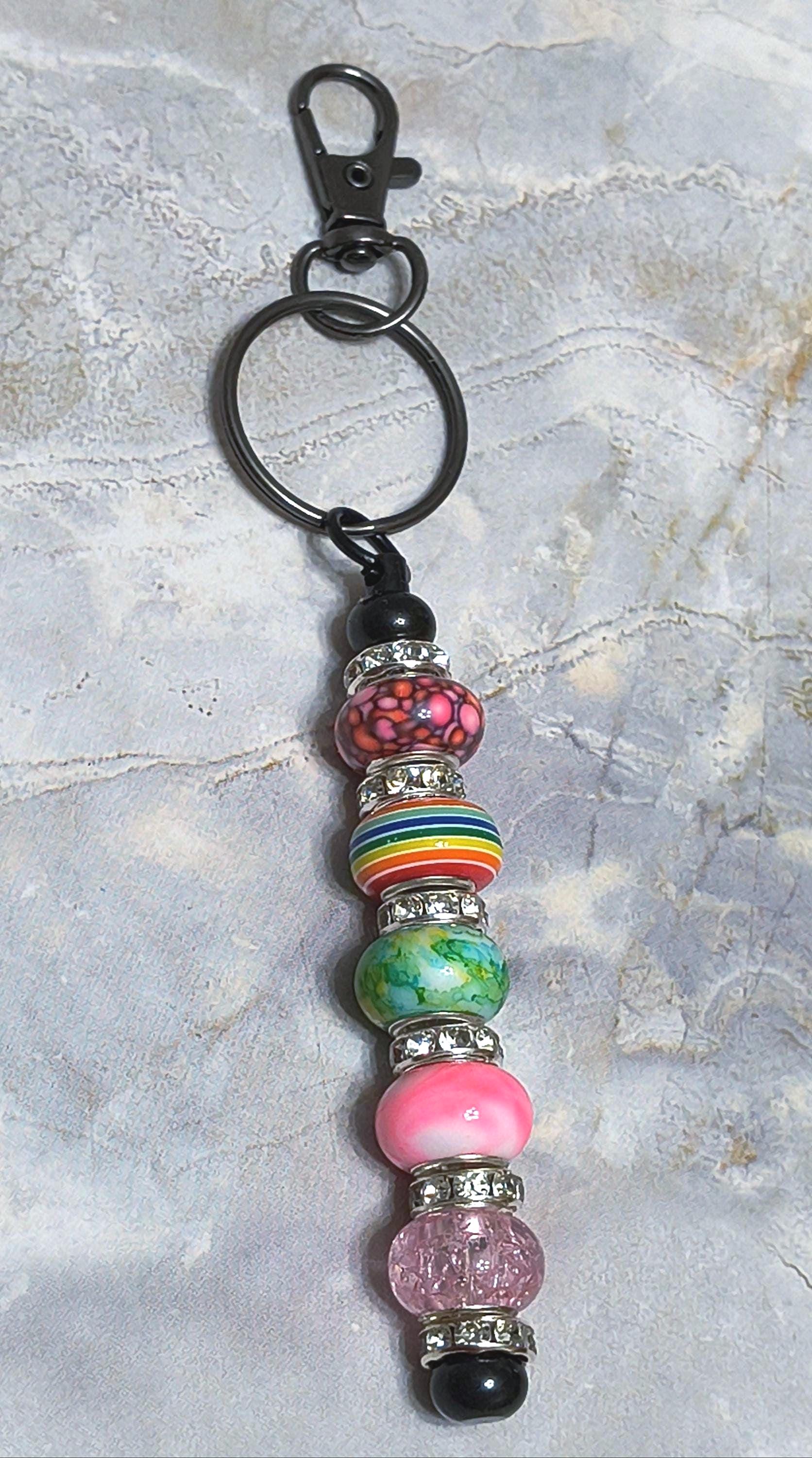 Set of (5) Multicolor Glass Beaded Keychains | Stainless Steel Bar ...