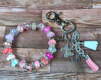 Glass Bead Bracelet Keychain | Wristlet | Keyring Bangle | One-of-A-Kind Handmade | Bag Charm [#27]