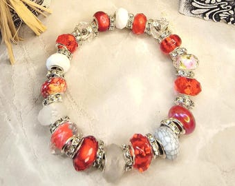 Red & White European Glass Bead Bracelet Keychain | Boho Bag Charm