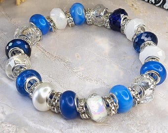 Blue & White Glass Beaded Bracelet Keychain | Wristlet | One-Of-A-Kind | Bag Charm Beads | Handmade | BW-2