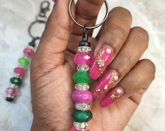 Pink & Green Glass Beaded Keychains | Stainless Steel Bar Keyrings [A-F]