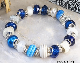 Blue & White Glass Beaded Bracelet Keychain | Wristlet | One-Of-A-Kind | Bag Charm Beads | Handmade | BW-3